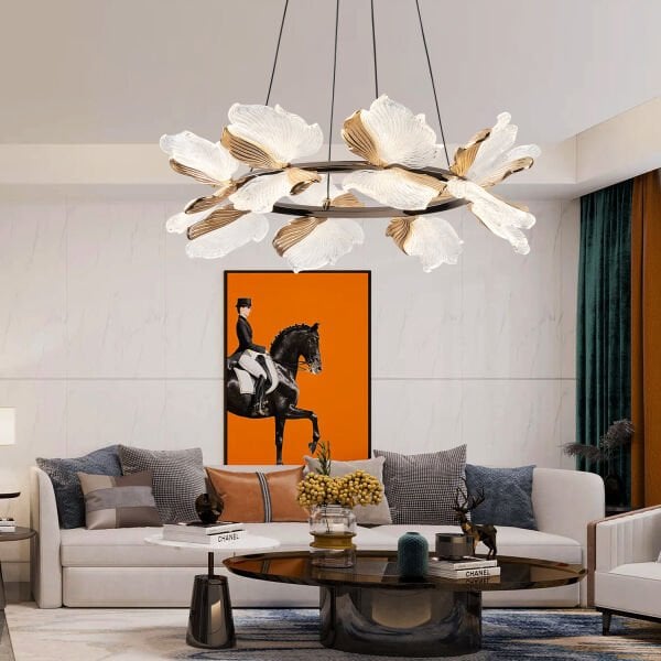 Taran 60'lik Siyah Gold Çiçek Desenli 80 Watt Yuvarlak Modern Salon Led Avize