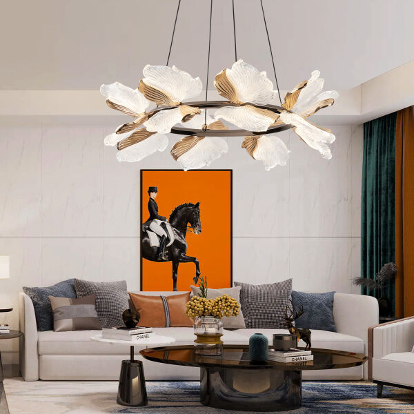 Taran 60'lik Siyah Gold Çiçek Desenli 80 Watt Yuvarlak Modern Salon Led Avize
