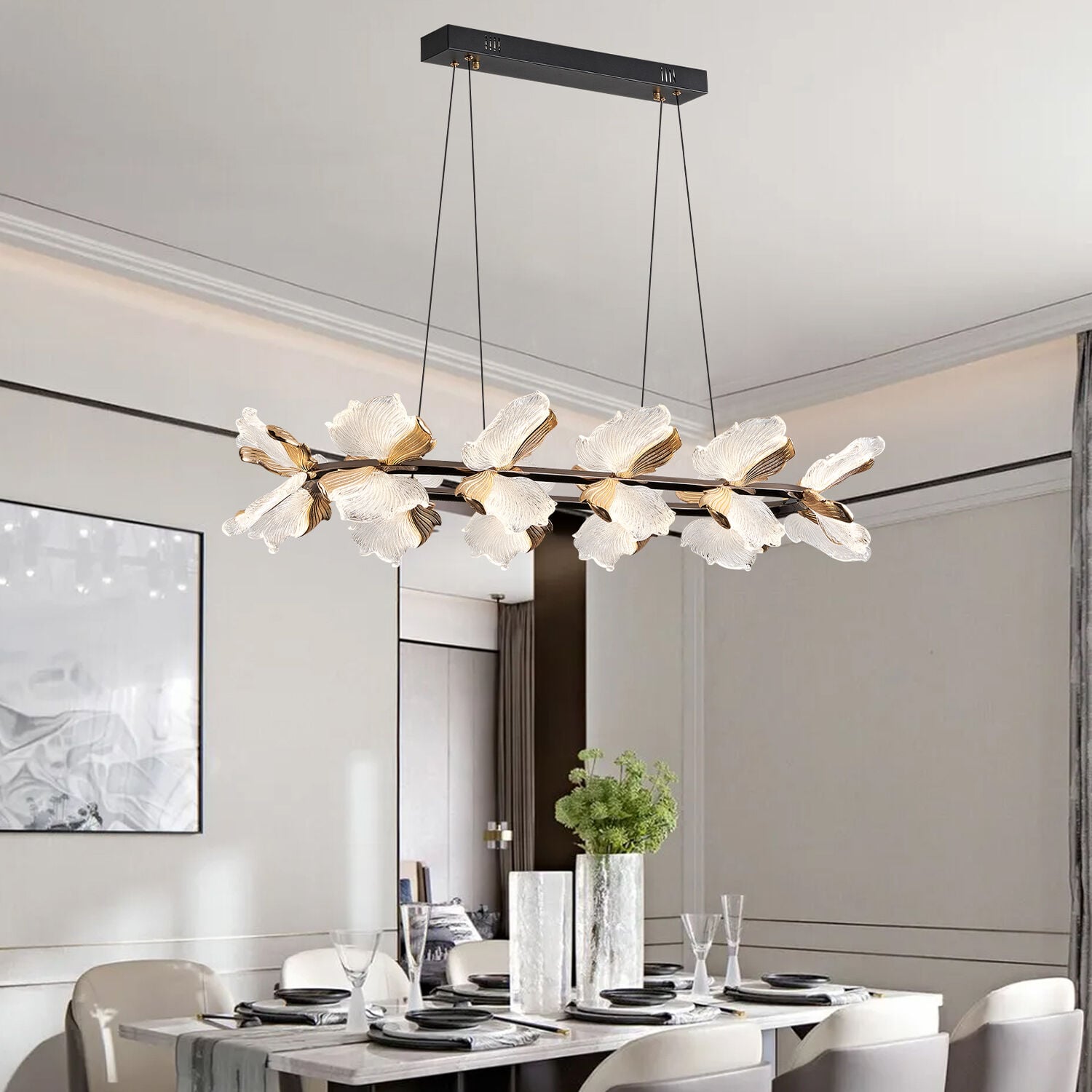Taran Sıralı Siyah Gold Çiçek Desenli 120 Watt Yemek Masası Üstü Modern Salon Led Avize