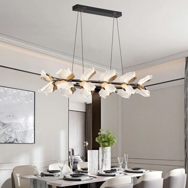 Taran Sıralı Siyah Gold Çiçek Desenli 120 Watt Yemek Masası Üstü Modern Salon Led Avize