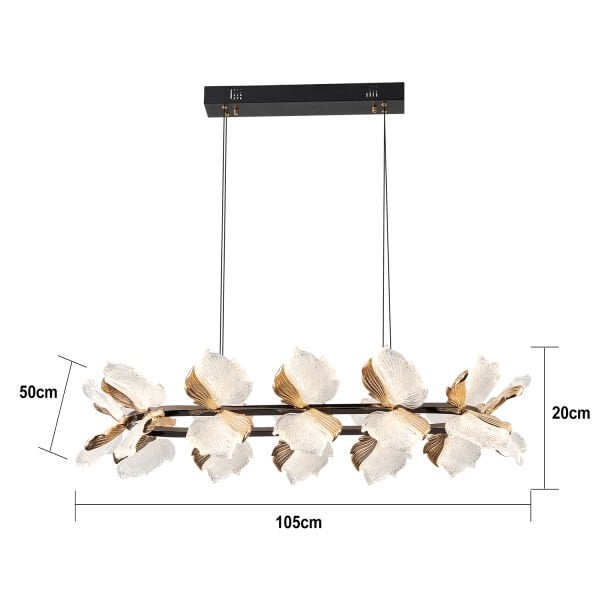 Taran Sıralı Siyah Gold Çiçek Desenli 120 Watt Yemek Masası Üstü Modern Salon Led Avize