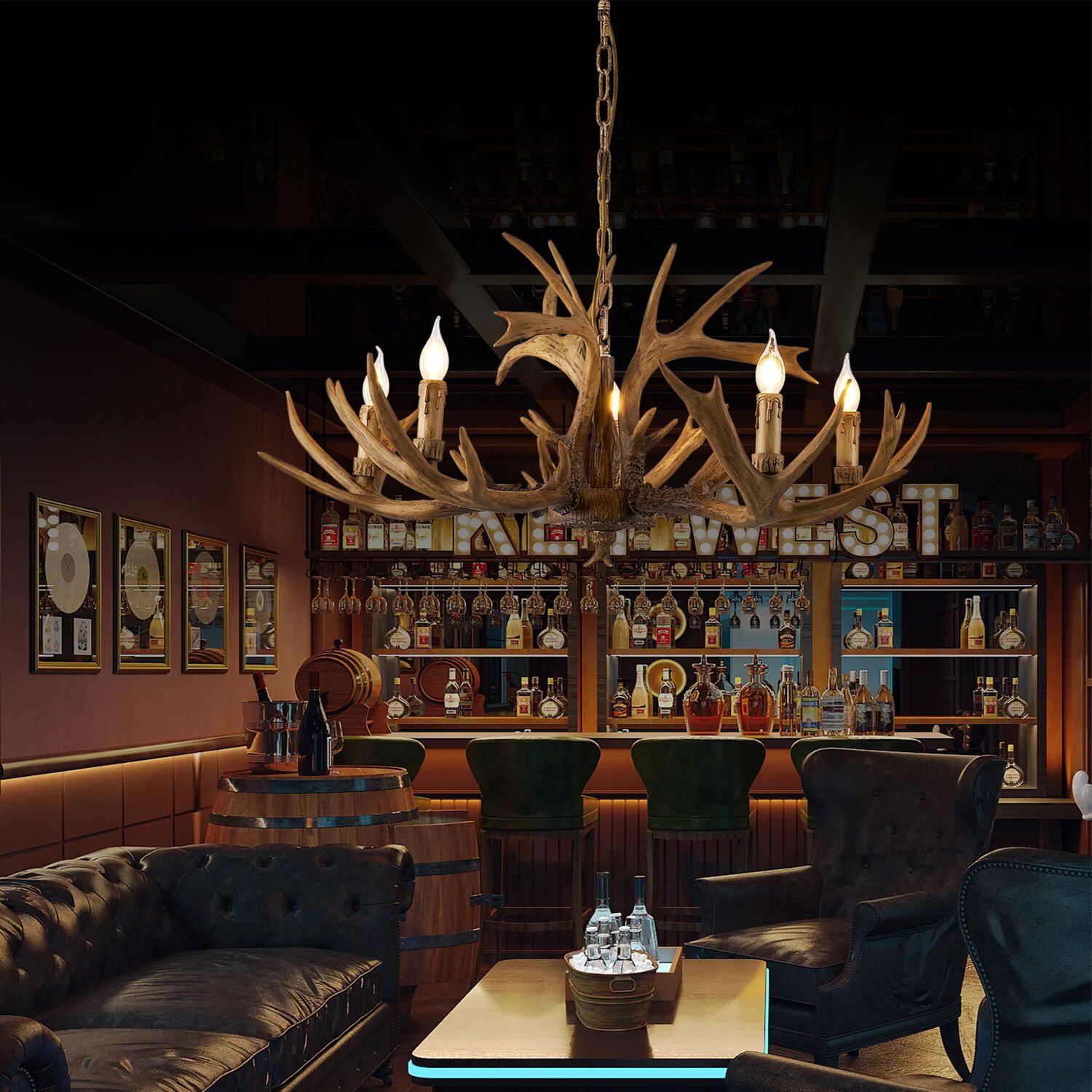 Zoye Ahşap 5'li Geyik Boynuzu Desenli Modern Kafe Restoran. Salon Avize