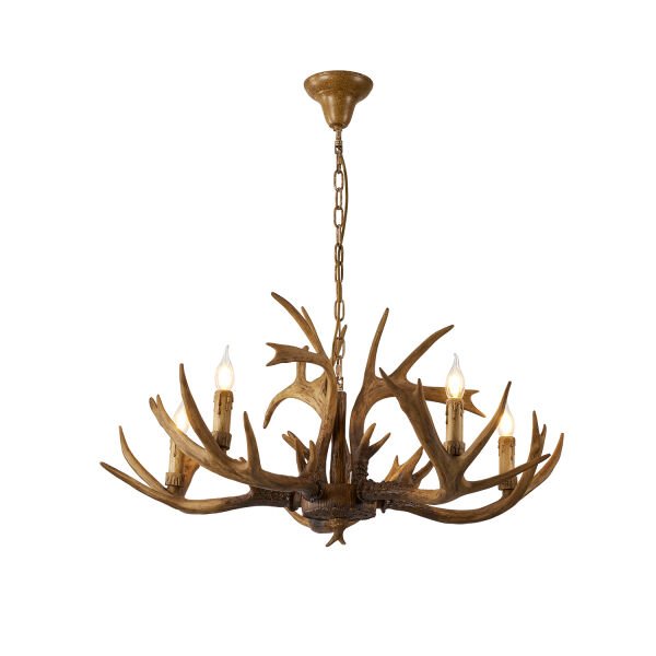 Zoye Ahşap 5'li Geyik Boynuzu Desenli Modern Kafe Restoran. Salon Avize