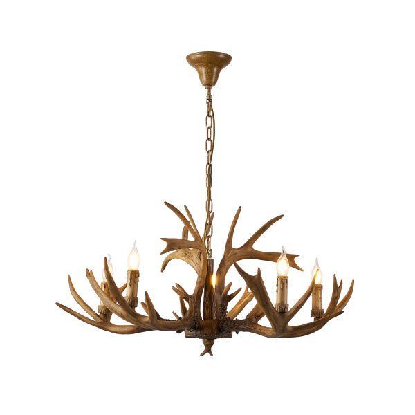 Zoye Ahşap 5'li Geyik Boynuzu Desenli Modern Kafe Restoran. Salon Avize