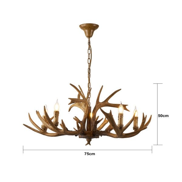 Zoye Ahşap 5'li Geyik Boynuzu Desenli Modern Kafe Restoran. Salon Avize