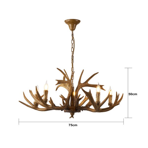 Zoye Ahşap 5'li Geyik Boynuzu Desenli Modern Kafe Restoran. Salon Avize