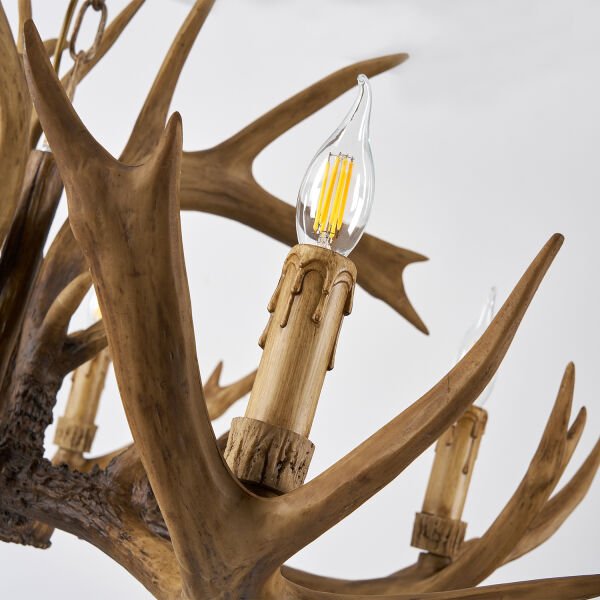 Zoye Ahşap 5'li Geyik Boynuzu Desenli Modern Kafe Restoran. Salon Avize