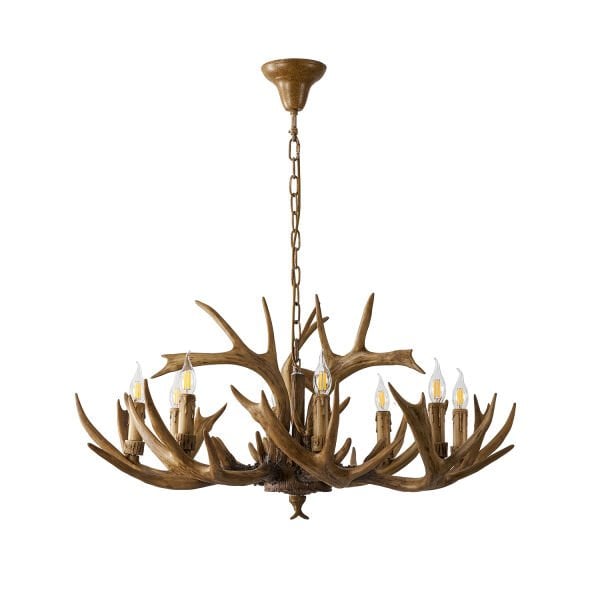 Zoye Ahşap 8'li Geyik Boynuzu Desenli Modern Kafe Restoran. Salon Avize