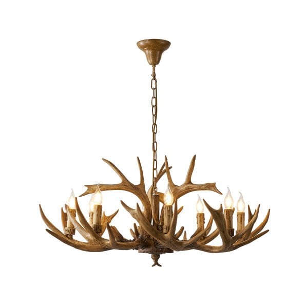 Zoye Ahşap 8'li Geyik Boynuzu Desenli Modern Kafe Restoran. Salon Avize