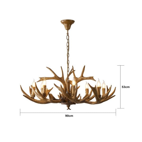 Zoye Ahşap 8'li Geyik Boynuzu Desenli Modern Kafe Restoran. Salon Avize