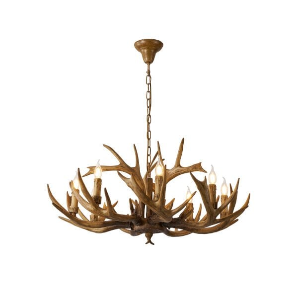 Zoye Ahşap 8'li Geyik Boynuzu Desenli Modern Kafe Restoran. Salon Avize