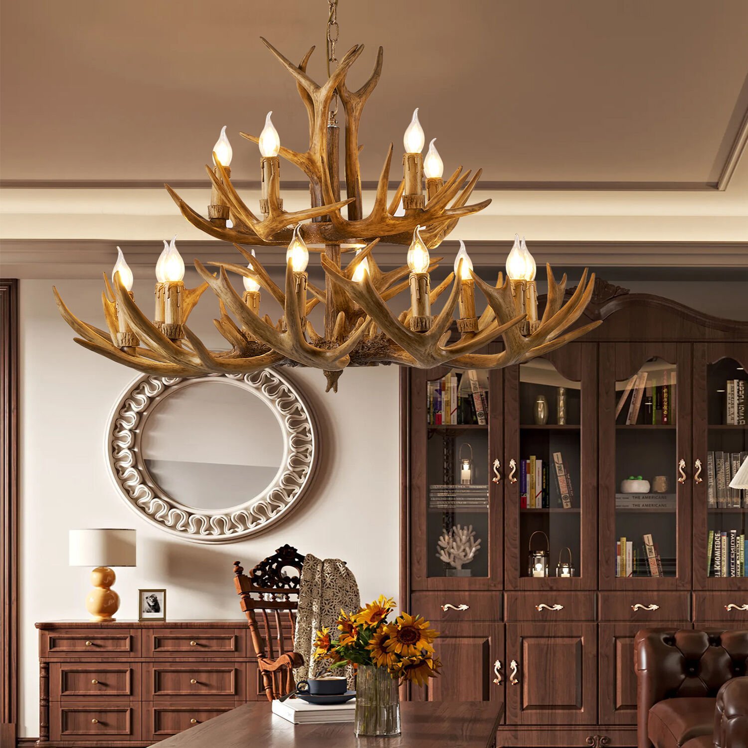Zoye Ahşap 15'li Geyik Boynuzu Desenli Modern Kafe Restoran. Salon Avize