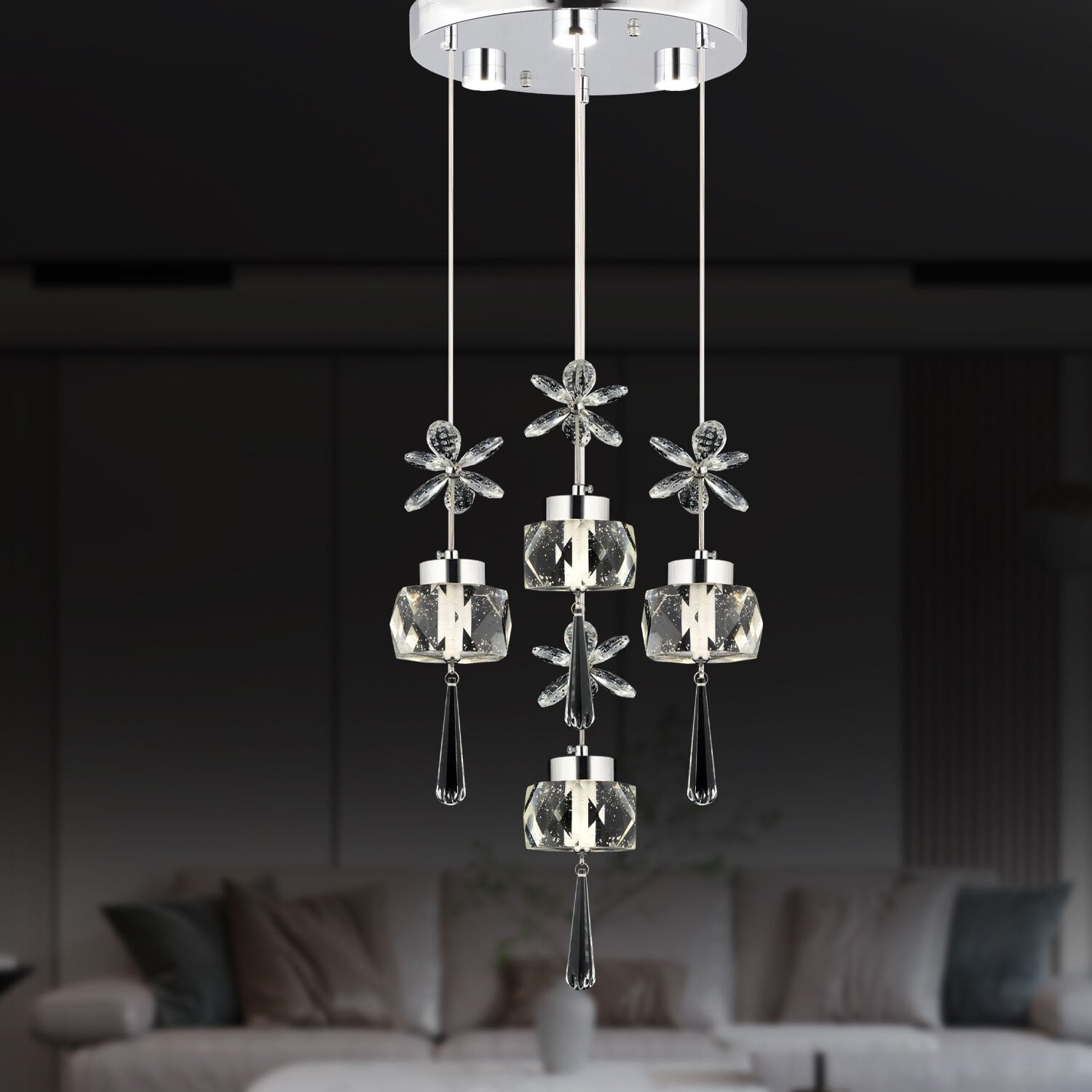 Amaris 4'lü Yuvarlak 3 Renkli 52 Watt Krom Kelebek Led Avize Kristal Ledli Modern Oturma Odası Salon Sarkıt Avize