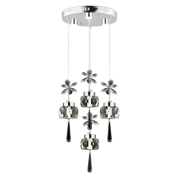 Amaris 4'lü Yuvarlak 3 Renkli 52 Watt Krom Kelebek Led Avize Kristal Ledli Modern Oturma Odası Salon Sarkıt Avize