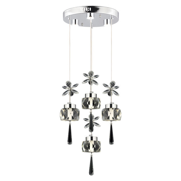 Amaris 4'lü Yuvarlak 3 Renkli 52 Watt Krom Kelebek Led Avize Kristal Ledli Modern Oturma Odası Salon Sarkıt Avize