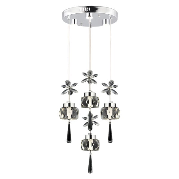 Amaris 4'lü Yuvarlak 3 Renkli 52 Watt Krom Kelebek Led Avize Kristal Ledli Modern Oturma Odası Salon Sarkıt Avize