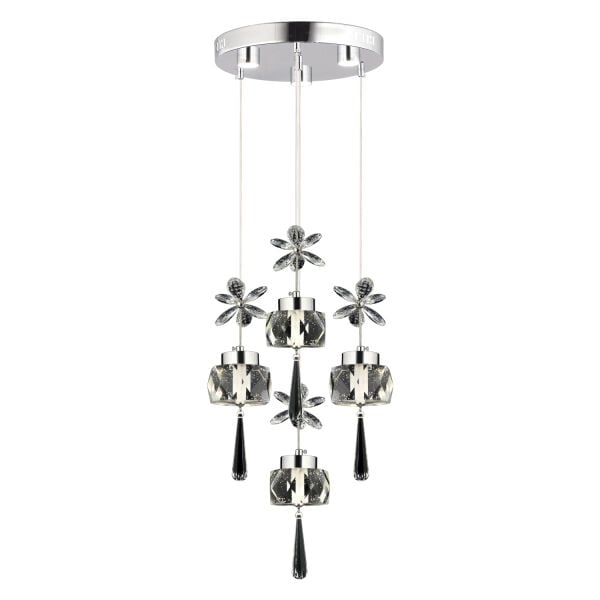 Amaris 4'lü Yuvarlak 3 Renkli 52 Watt Krom Kelebek Led Avize Kristal Ledli Modern Oturma Odası Salon Sarkıt Avize