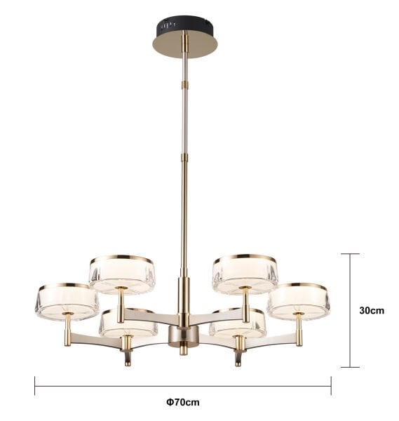 Grayson Platin-Gold Detaylı 6'lı Yuvarlak Kristal Başlıklı Salon Led Avize