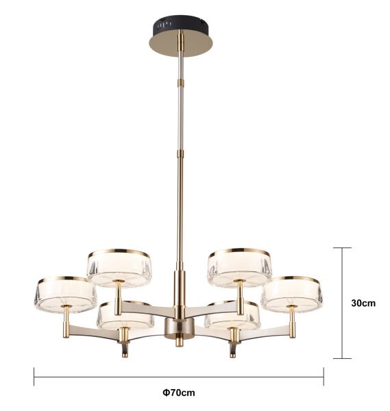 Grayson Platin-Gold Detaylı 6'lı Yuvarlak Kristal Başlıklı Salon Led Avize
