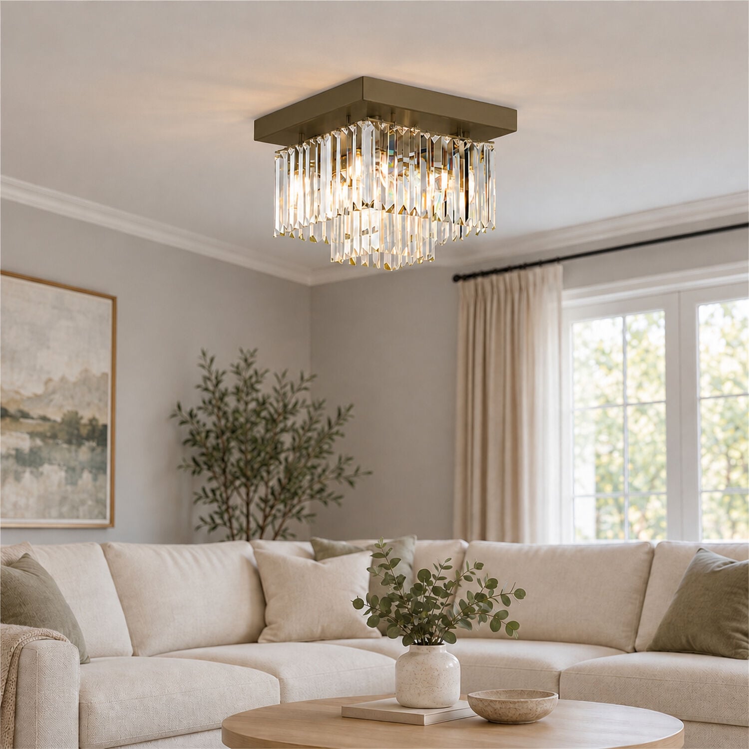 Nilüfer 2 Katlı Küçük Eskitme Kare Kristalli Taşlı Modern Tasarım Kristal Salon Avize